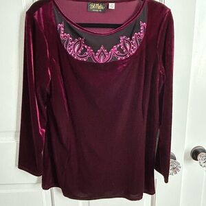 Bob Mackie Burgundy Velvet Blouse with Pink Embroidery